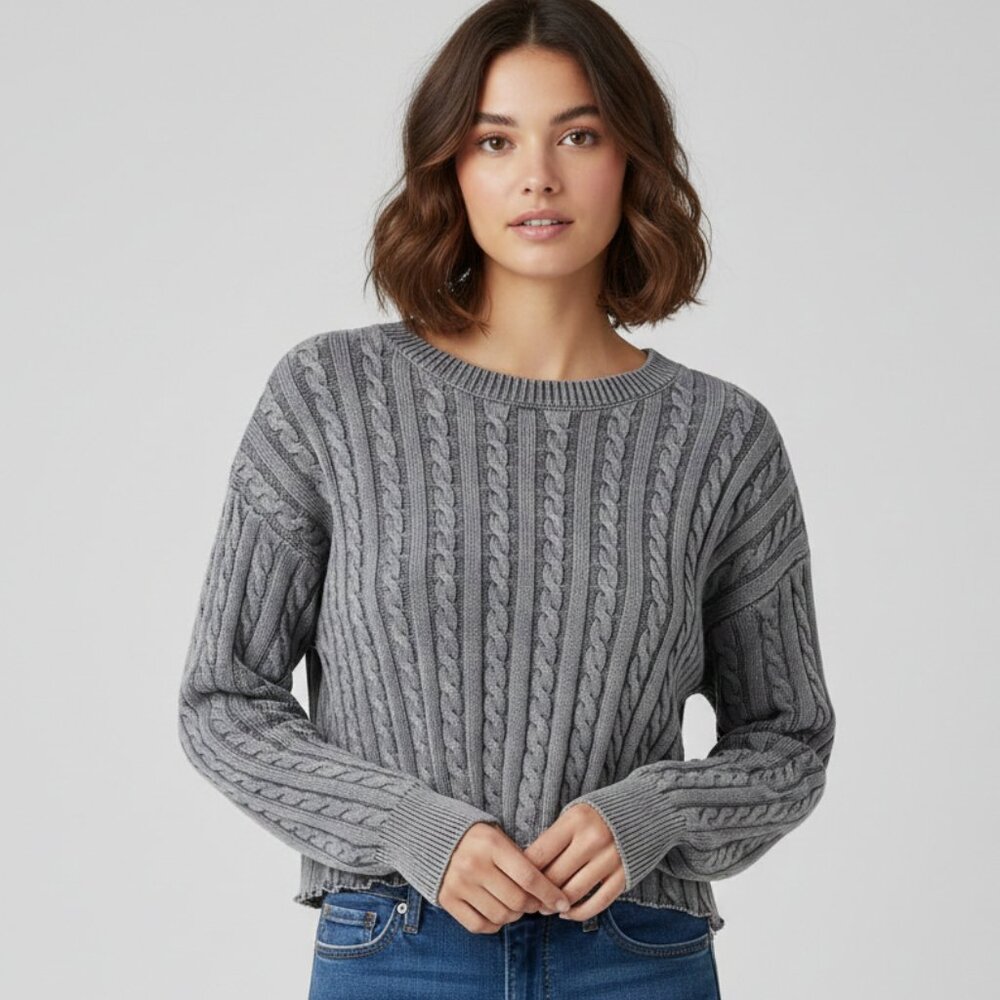Sincerely Jules Gray Cable Knit Acid Washed Charcoal Cropped Sweater size XL